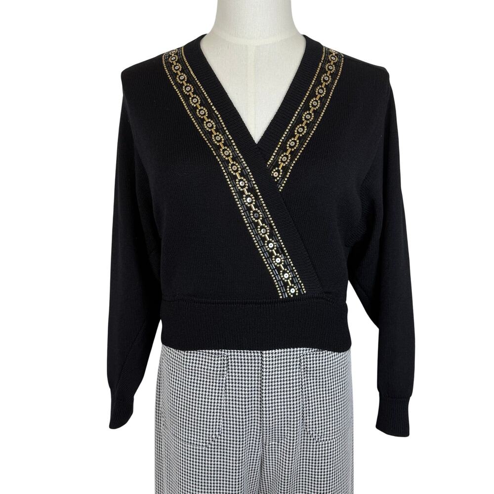 St. John Vintage Knit Paillete Embellished Cropped Wrap Sweater Black M